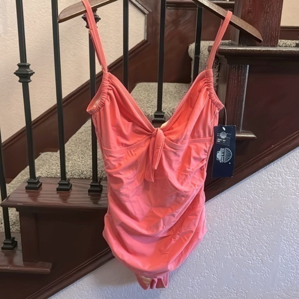 SEA & SAND Womens Size 8 NWT Plain Coral One Piece Bathing Suit Swimwear Swim